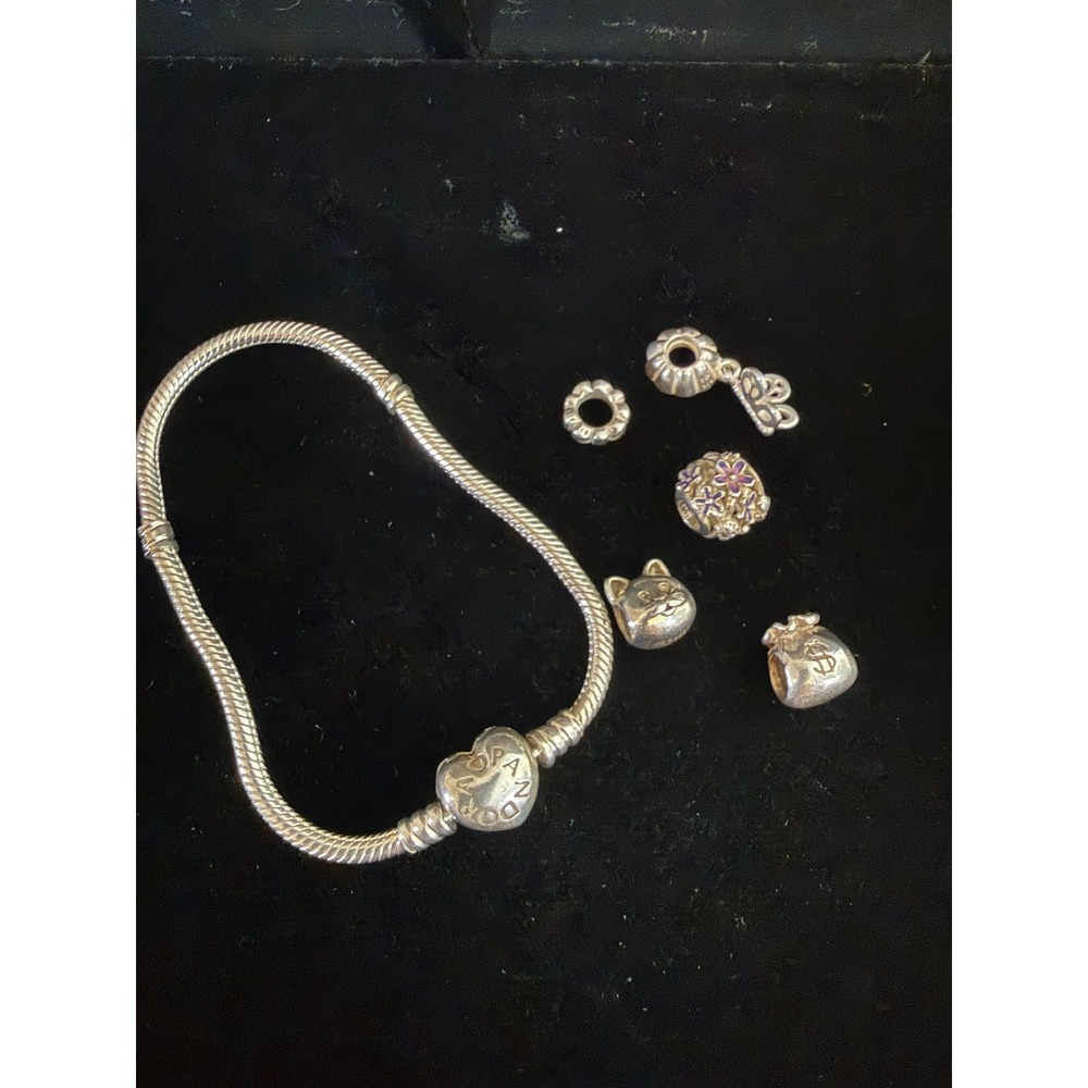 Pandora 925 Sterling Silver Heart Clasp Bracelet and 5 Charms Set Cat Flower